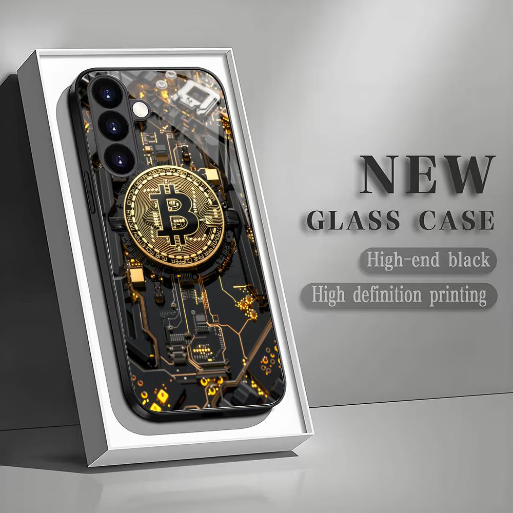Goldene Bitcoin Hartglas Handyhülle geeignet für Samsung Galaxy S26 S25 S24 S22 S21 S20 FE/Ultra/Plus sturzsichere Rückabdeckung