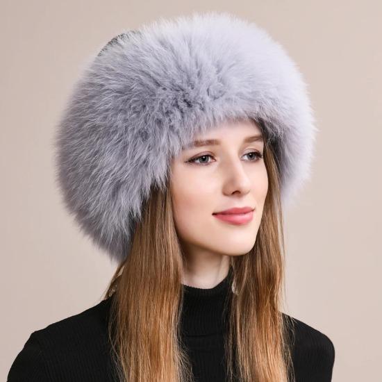 

New fox fur hats Women winter outdoor thick basin hats ear-protecting hat Luxurious fashion girls warm knitted fur hats 52cm-60cm