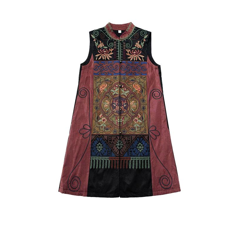 Damen Retro Floral Bestickte Lange Weste - Ärmelloser Ethno-Mantel