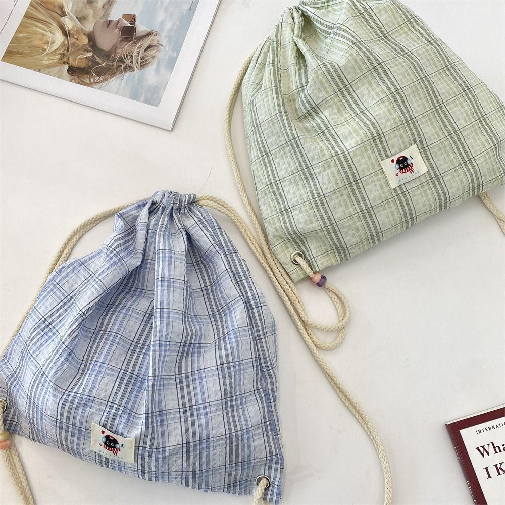 Vintage Korean Plaid Drawstring Bag Y2K Aesthetic Harajuku Plaid Backpack Casual Lightweight Student Schoolbags Outdoor