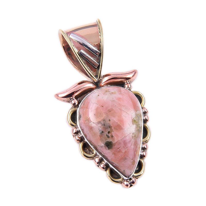 Natural Rhodonite Gemstone 925 Solid Sterling Silver Two Tone Pendant 1.25" A0I15