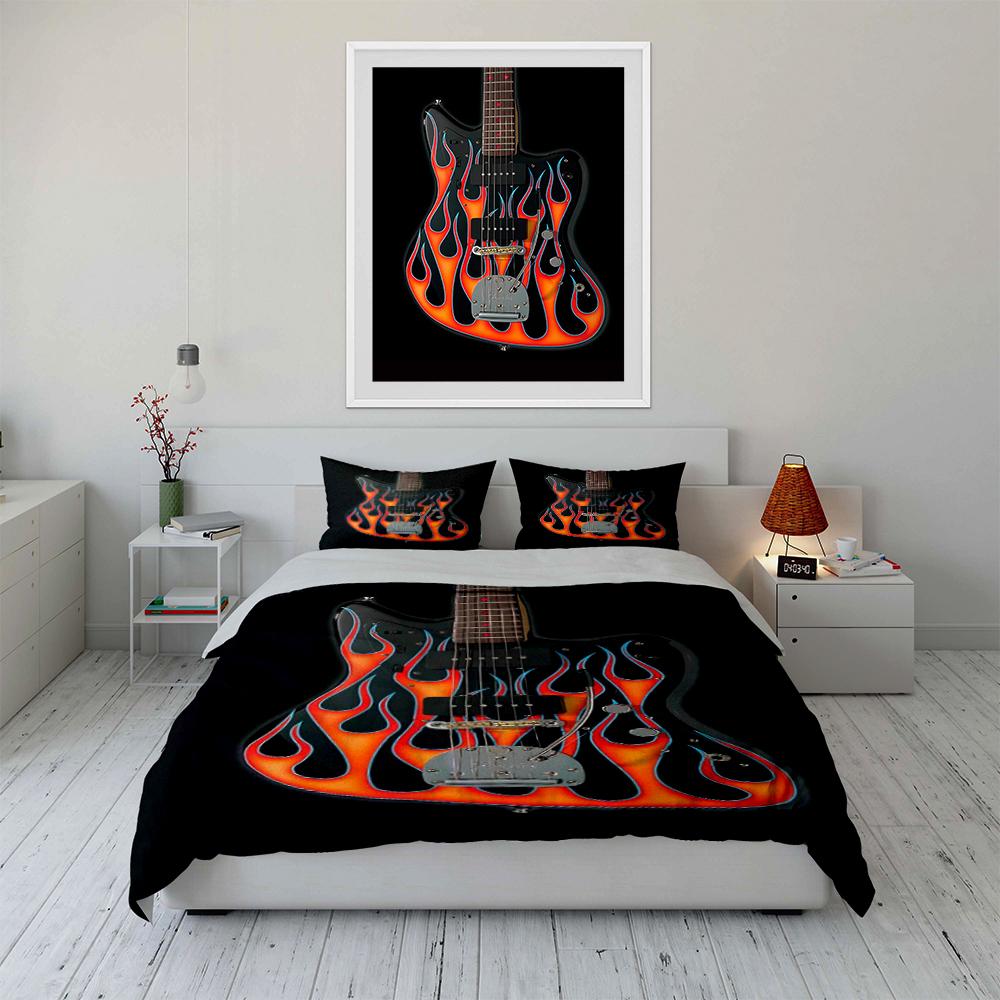 Guitar with Flame Print Bedding Set Bedding set (1 duvet cover, 2 pillowcases, duvet not included)