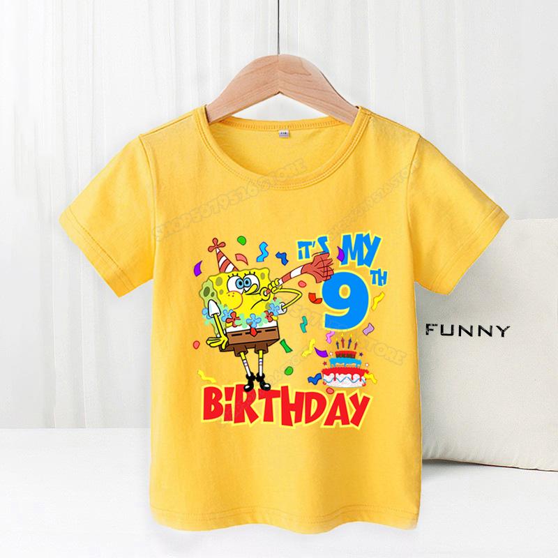 SpongeBobs Children Birthday Clothes Boy Girl Number Cotton T Shirt Short Sleeve Kids Clothes Cartoon Summer Toddler Tee Tops