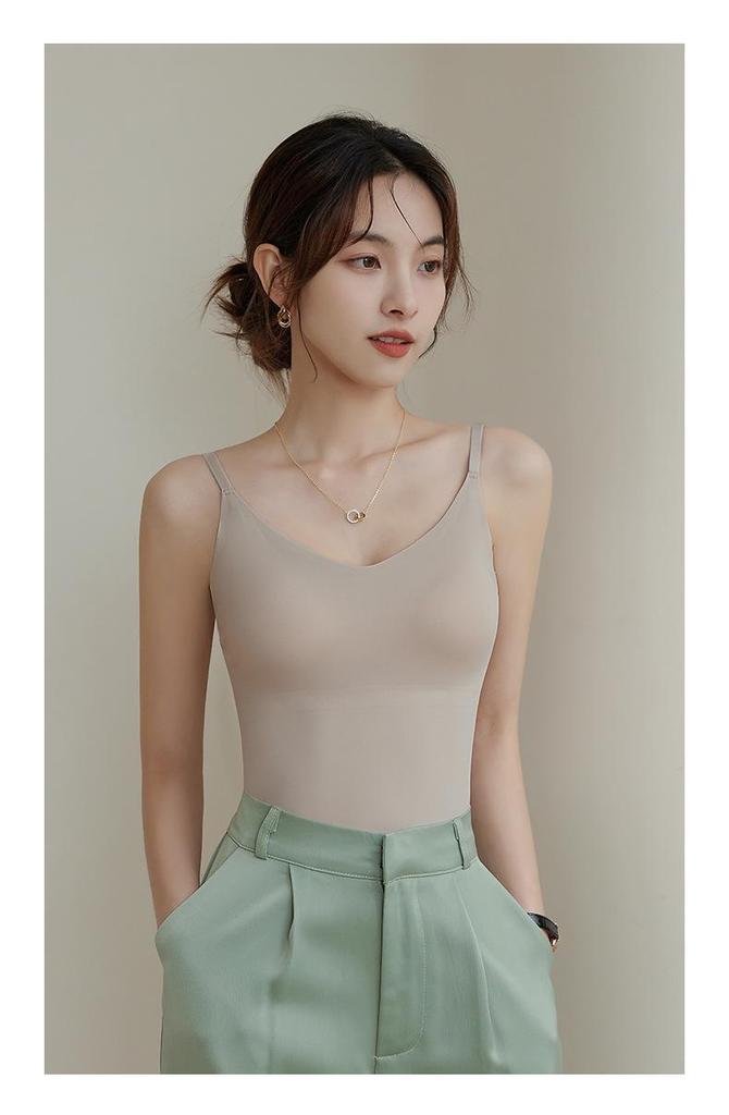 Seamless Ice Silk Camisole Bra with Fixed Push-Up Cups for Spring/Summer – Women's Base Layer for Inner and Outer Wear