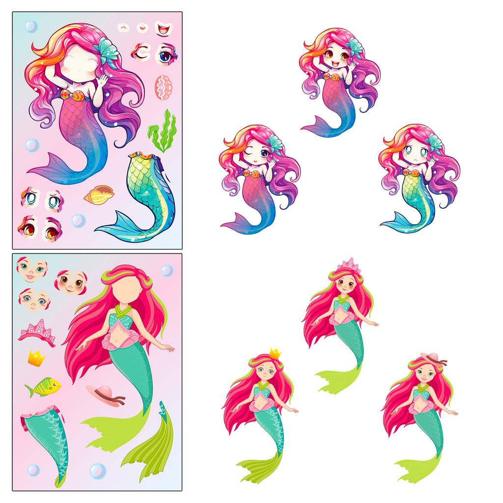 6 Packs Mermaid Face-Changing Stickers Mermaid Princess Cartoon Parent-Child Interaction Puzzle Hand Account Diy Puzzle Sticker