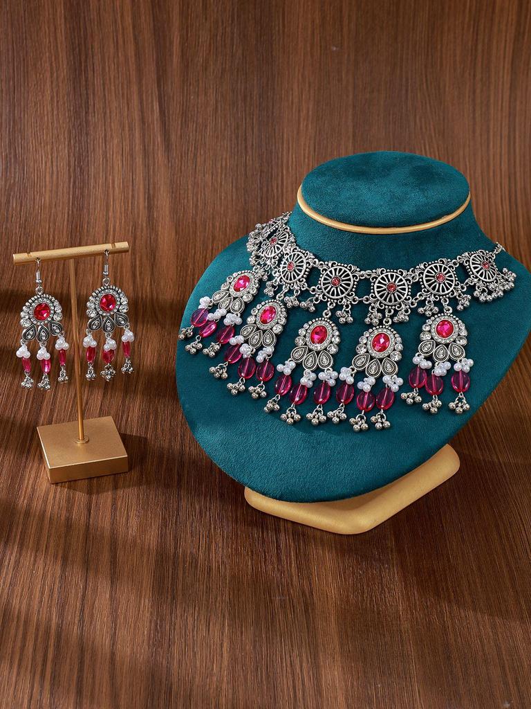 Retro Exotic Style Necklace and Earrings Jewelry Set with Multiple Oval Bead Strands