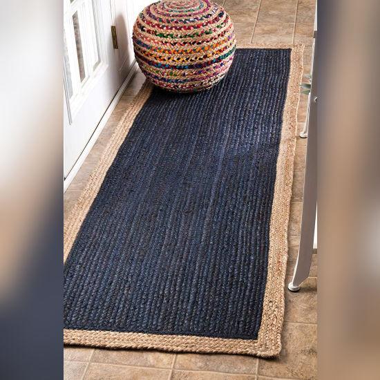 Aizza Trends Indian Handmade Braided Inner Navy Blue Natural Jute Area Rug- Jute Rug- Dining Room- Living Room