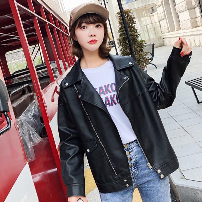 European & American Style Women's Motorcycle Leather Jacket with Oblique Zipper and Long Sleeves