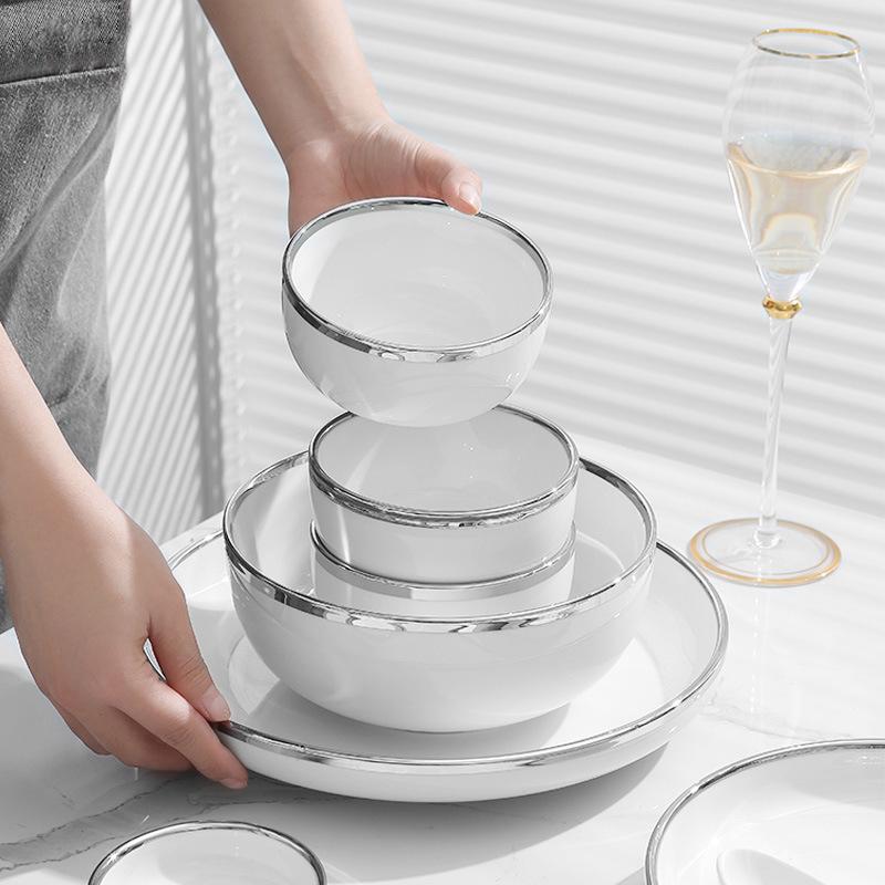 White Silver Edge Porcelain Dinner Plate Ceramic Salad Soup Bowl Pasta Steak Plate Dining Room Home Kitchen Tableware Decoration