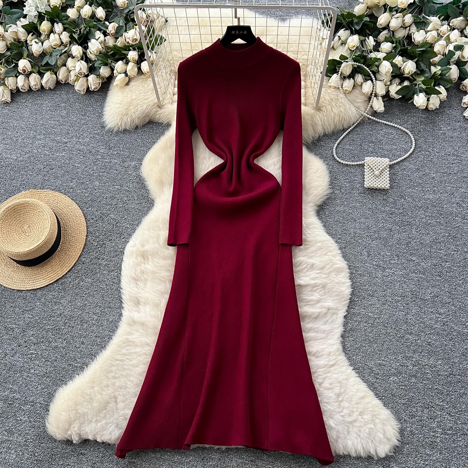 

Осень Зима Высокая талия Вязаные Платья-зонтики Длинные Новые Круглый вырез Длинный рукав Повседневные Свободные Платья-свитера Женские One Size винный