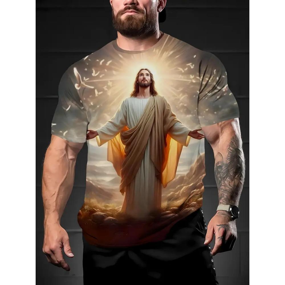 Men's 3D Print Jesus Virgin Mary T-Shirt Tops Casual Short Sleeve Crew Neck Jesus Birth Printed Tshirts For Men Streetwear