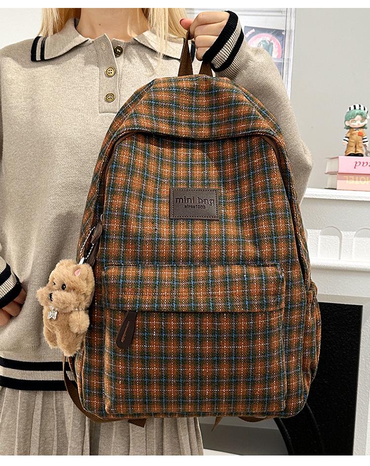 Mori Style Plaid Tweed Backpack: Versatile, Large-Capacity School Bag for Junior High Students