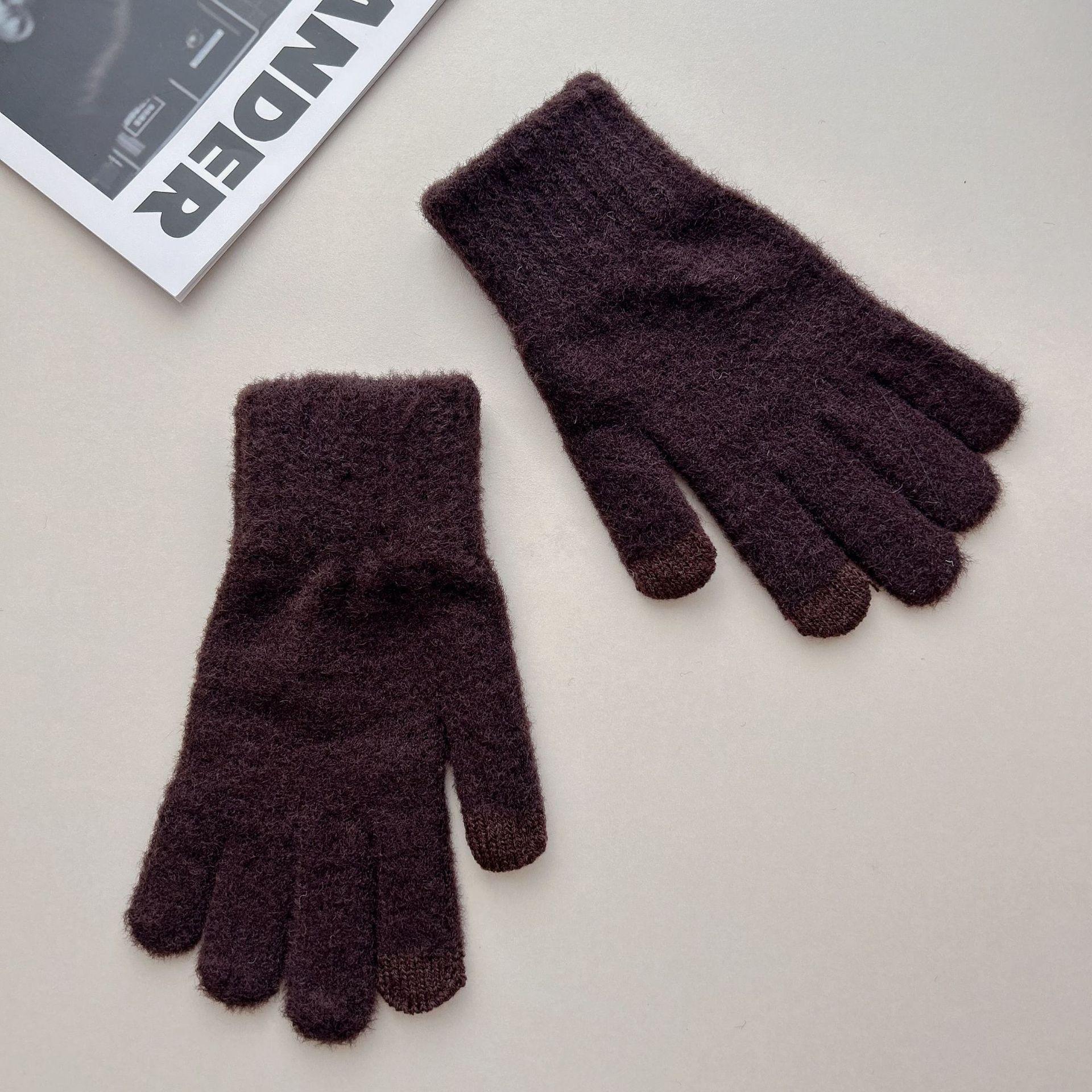 

Autumn and Winter Men s Solid Color Knitted Gloves Winter Cycling Warm Men and Women Five Finger Touch Screen Knitted Gloves one size