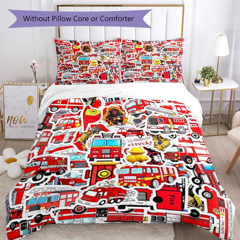 3pcs fire truck Bedding Set Duvet Cover Closure Includes 1 Duvet Cover & 2 Pillowcases, Soft and Comfortable for All Seasons.