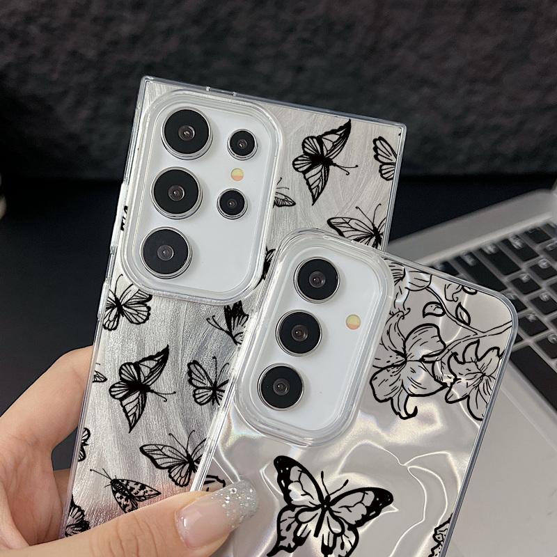 Black Butterfly Print Glitter Glossy Phone Case For Samsung S25 S24 FE S23 Ultra A56 A36 A55 A16 A15 TPU PC Hybrid Shockproof Slim Clear Bumper Cover