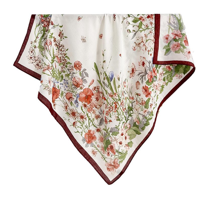 Fresh Summer Fashion and High-end Temperament Herringbone Square Scarf for Women Fashion Temperament Floral Printed Silk Scarf