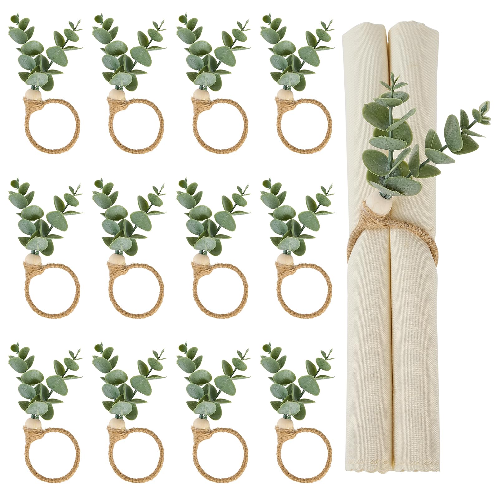 

APTWOW Green Fabric Napkin Rings Set of 12, 18*16*1.5cm, 12g, Easter Boho Eucalyptus Leaf Wood Bead Farmhouse Napkin Holder for зелёный