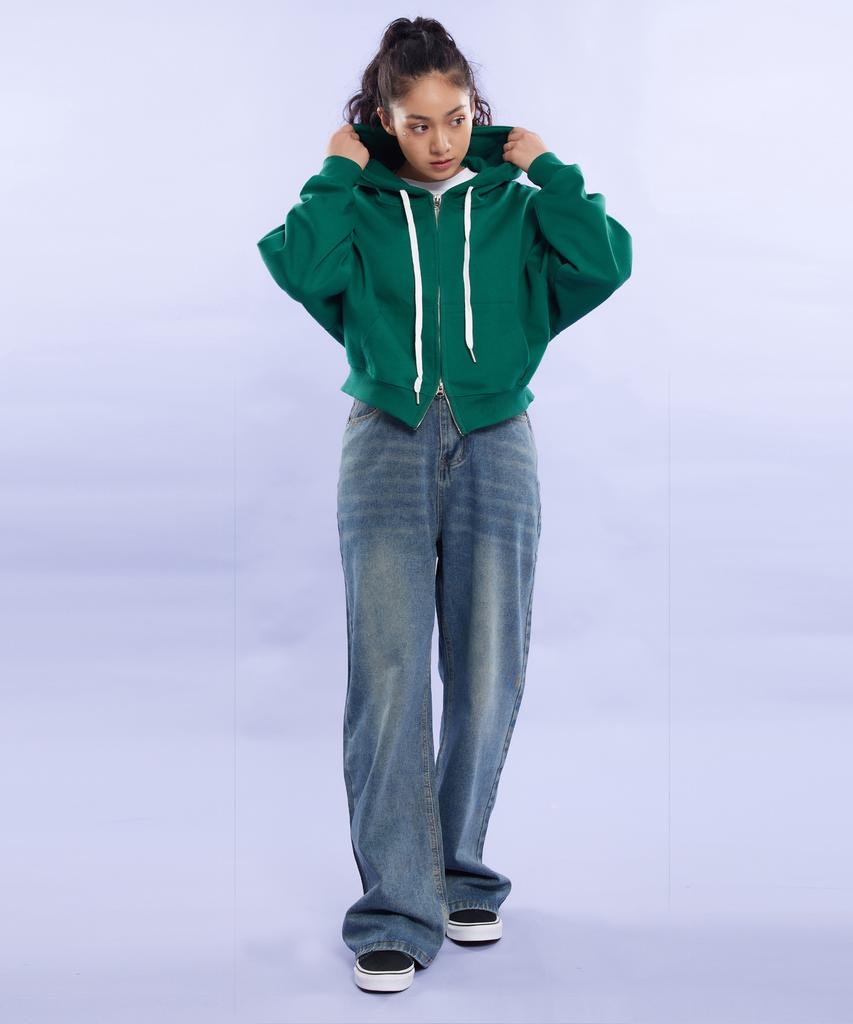 Cream Soda Lab Plain All Season Two-Way Crop Zip-Up Hoodie Green