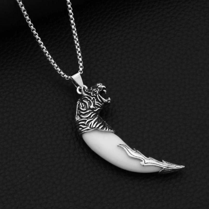 Dragon Head Wolf Tooth Pendant: Punk Retro Ethnic Style Stainless Steel Necklace for Men