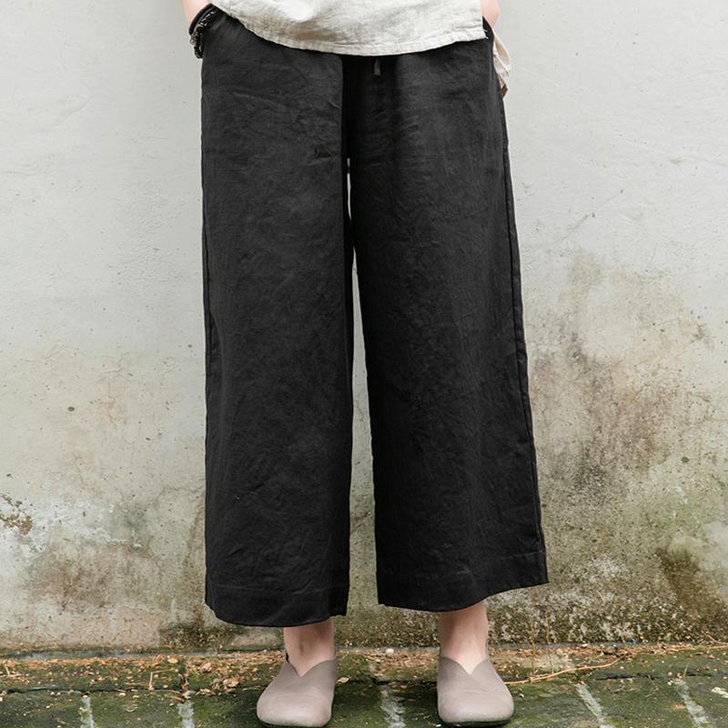 Johnature Vintage Damen Hose Lässig Gerade Neun-Punkt-Hose Sommer Elastischer Bund Schnürung Weites Bein