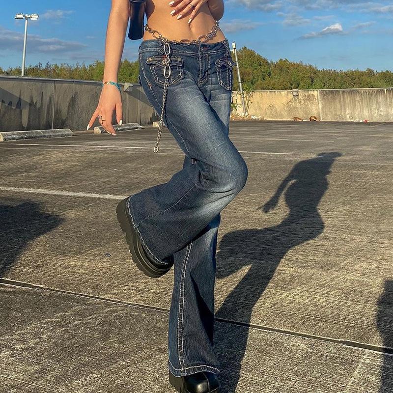 Women S High Waist Multi Pocket Flared Denim Jeans L синий