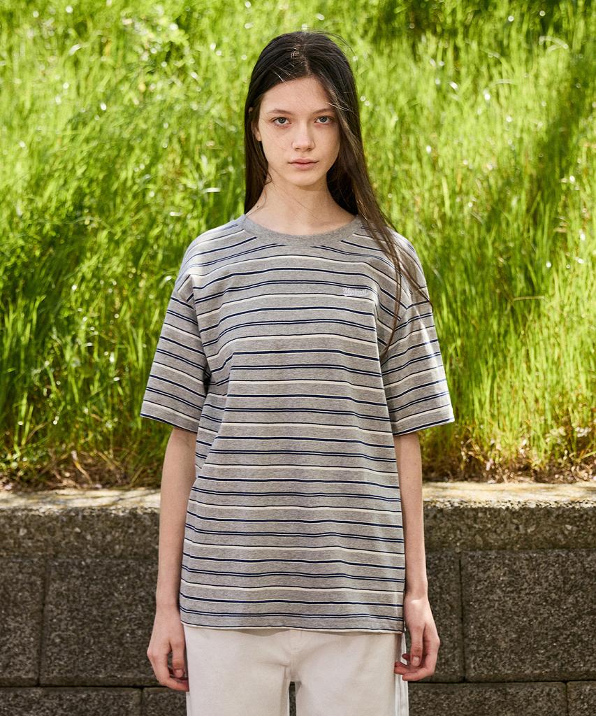 MINIMALPROJECT Minimal Embroidered Logo Border Multi-Stripe Short Sleeve T-Shirt Mst187 [Gray]