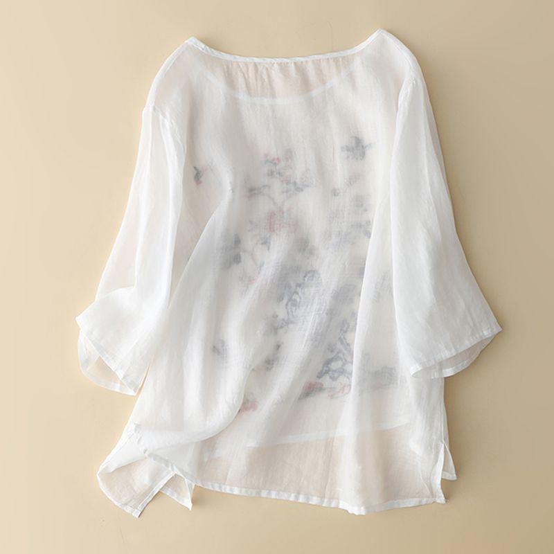 Embroidered Versatile Short T-shirt Top Spring New Retro Heavy Industry Embroidered Round Neck Zen Shirt for Women