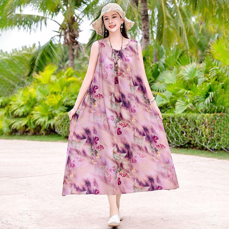 Sleeveless Cotton Dress Summer Loose Plus Size Slimming Vest Vacation Long Dress Elegant Beach