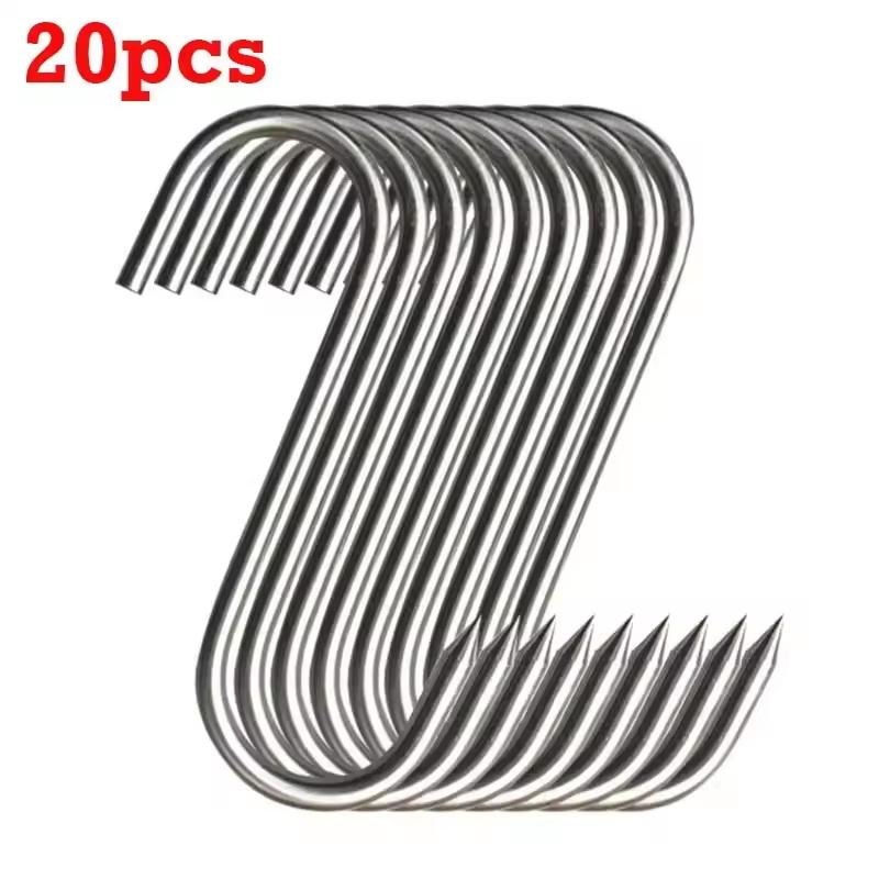 20pcs Heavy Duty S Shaped Butcher Hooks Sharp Tip Metal Hangers for Meat Sausages Hanging Home Grilling