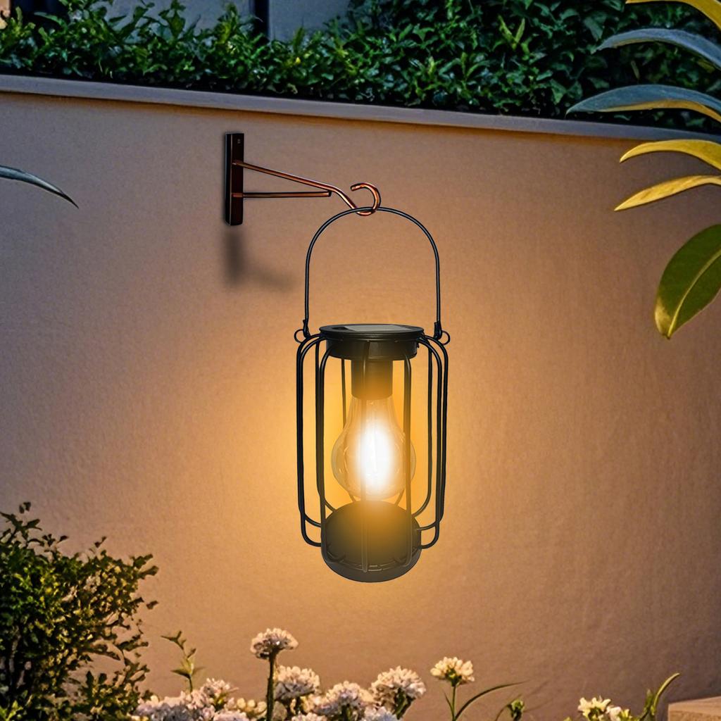 Solar-powered lantern light, hanging lantern with bulb, suitable for outdoor gardens, patios, lawns, and walkway decorations.
