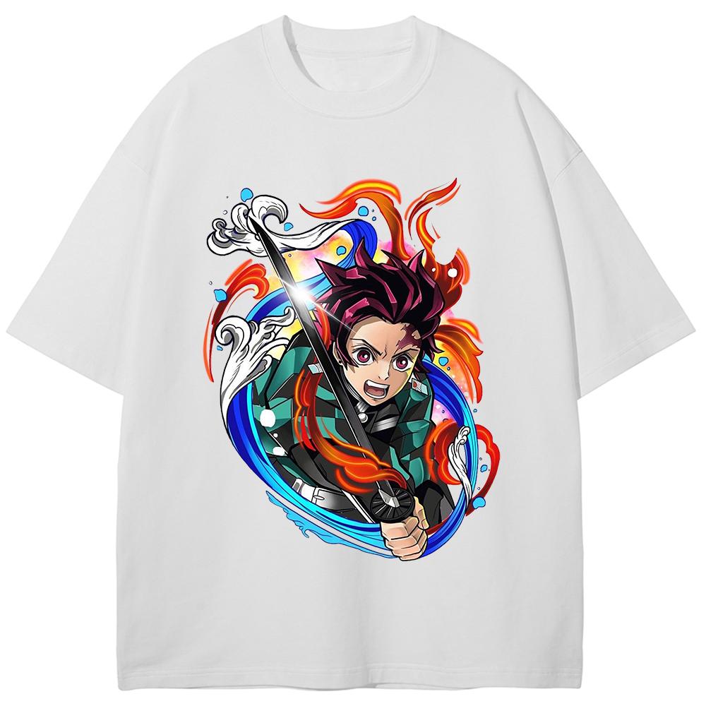 Anime Demon Slayer Kamado Tanjirou Printed Tshirt Men Manga Cotton T-shirts Vintage Washed Tee Harajuku Male Oversized T Shirt