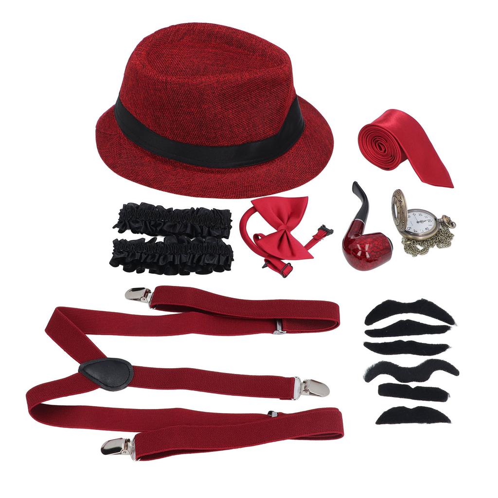 8 Pieces 1920s Grandpa Old Man Costumes Set with Suspenders Hat Watch Pipe Bow Tie Glasses Beard Kids 100 Days School