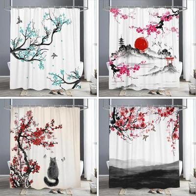 Red Plum Blossom Branch Japanese Chinese Shower Curtain Oriental Sun Misty Mountains Ink Nature Landscape Bathroom Art Curtains