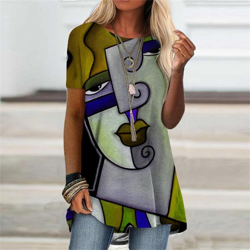 Abstract Face Graphic 3D Print T-shirt Summer Streetwear Retro Women Short Sleeve T Shirts Y2K Tops Woman Tee Oversized Clothing