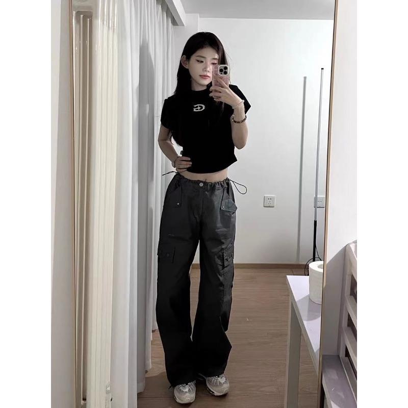 Grunge Aesthetics Crop Top Korean Fashion Chic T-shirts Vintage Irregular Slim Tee Shirts 3D Metal Logo Y2k Streetwear