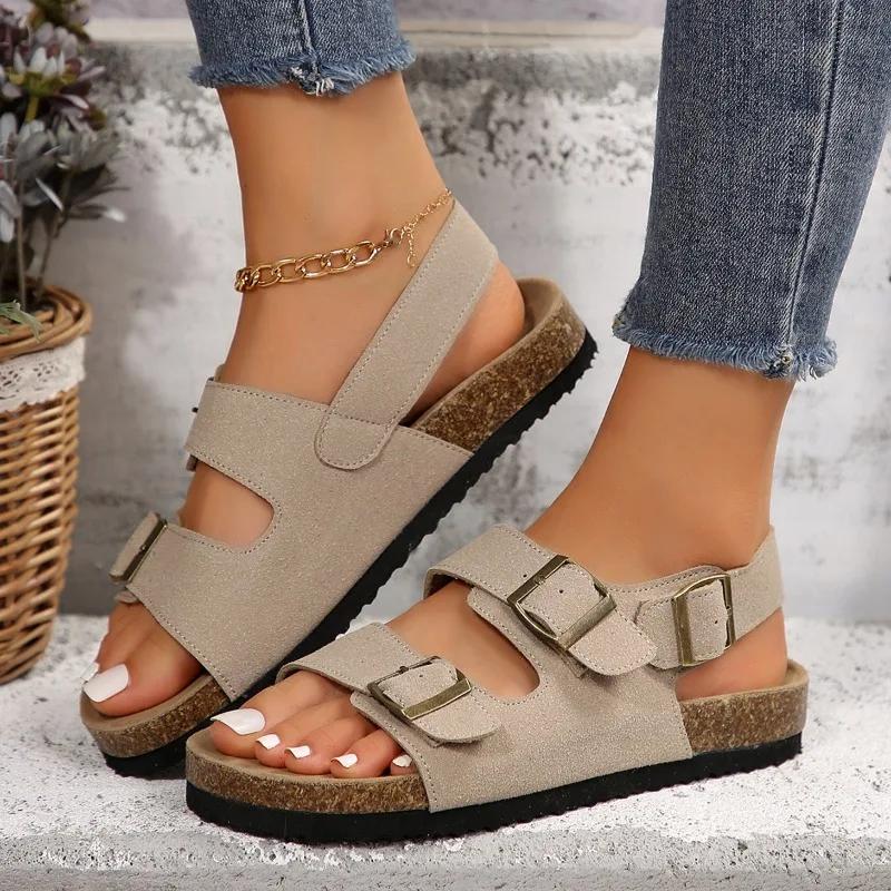 Fashion 2024 New High Quality Women's Sandals Open Toe Beach Outer Wear Buckle Decorated Solid Color Flat Shoes for Women Zapatos Mujer