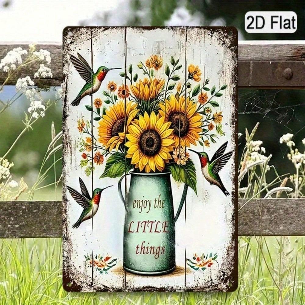 1PC Sunflower Hummingbird Metal Tin Sign, Rustic Farmhouse Wall Decor With Quote Enjoy The Little Things