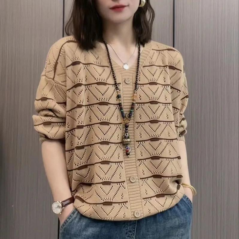 Spring Tops, Trendy Knitwear, Women's V-neck, Loose Belly, Hollow Sweater, Fashion, All-match Temperament, Long Sleeves