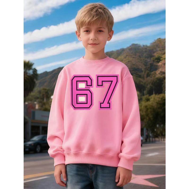 Unisex Kids Crewneck Sweatshirt, Pink Double Outline Number 67 Print Long Sleeve Pullover, Boys Girls Birthday Sweatshirt For Kids Over 4 Years Old