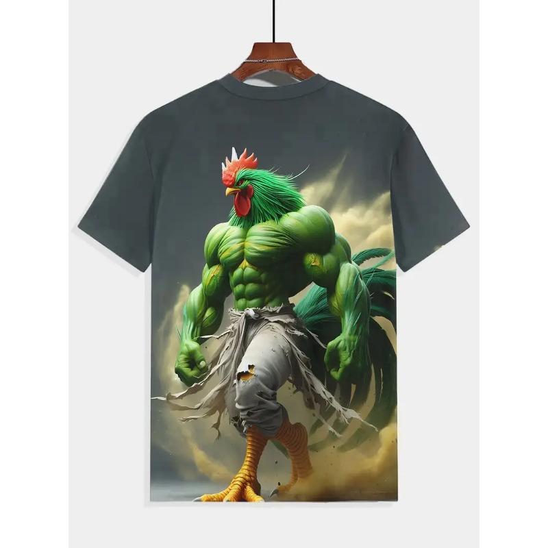 Men's 3D Rooster Printed T-shirt Humorous Digital Printed Short Sleeved T-shirt Breathable Polyester Round Neck Casual