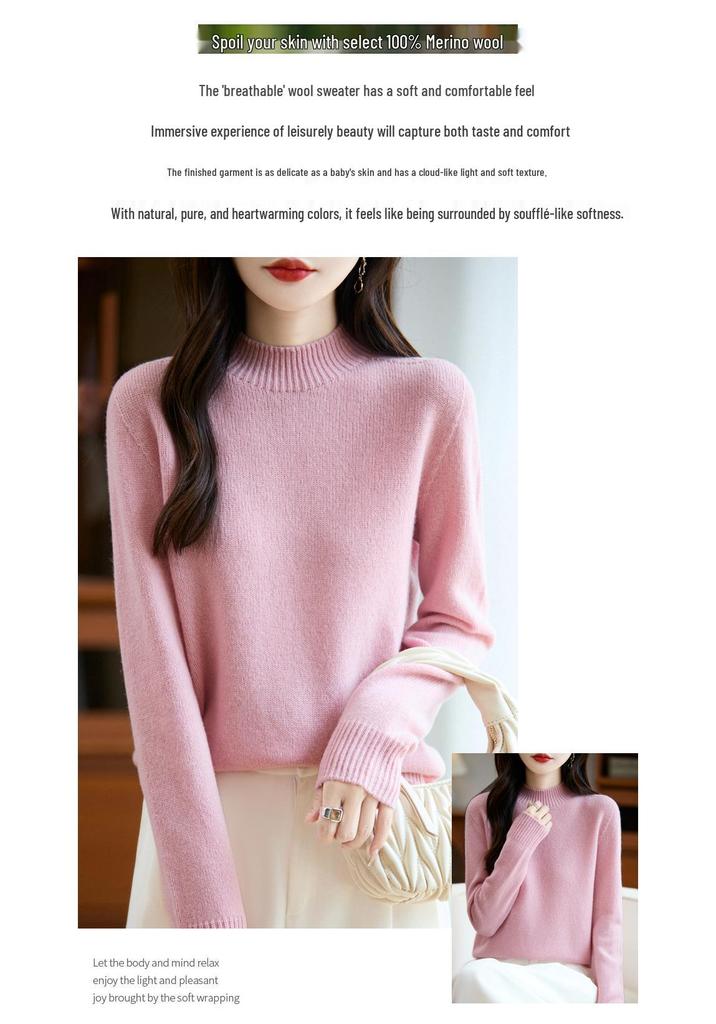 Women's Pure Color Wool Sweater - Half-High Collar, Loose Knit Pullover for Autumn/Winter