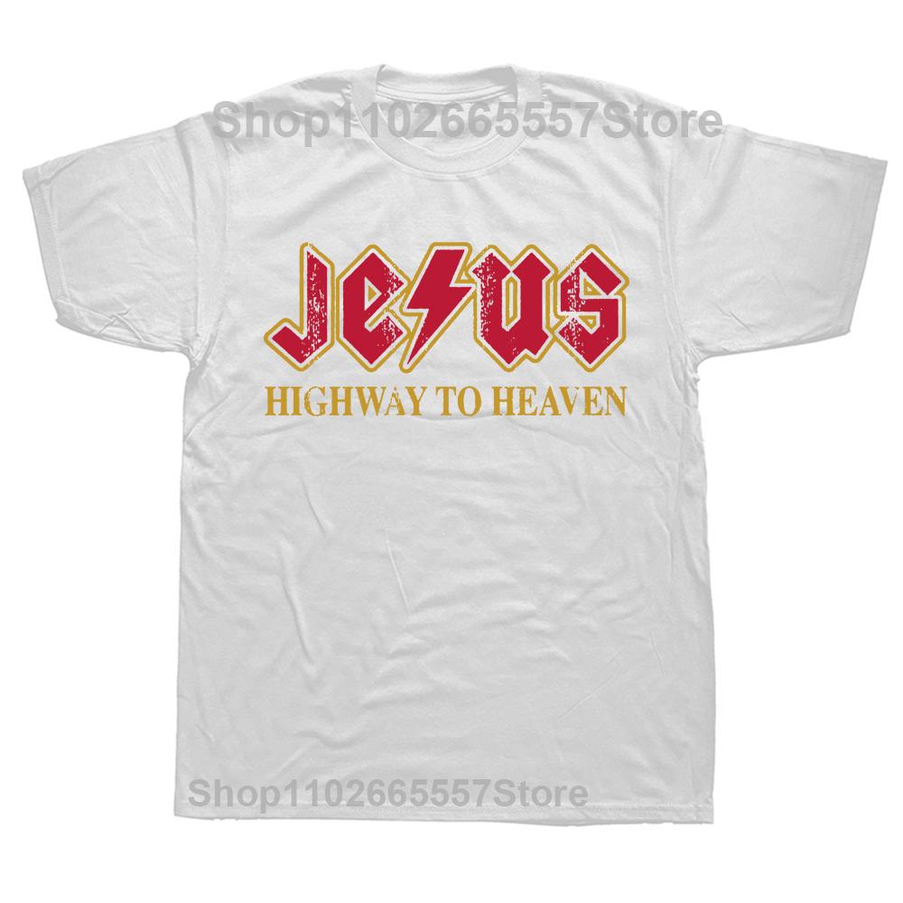 Vintage Jesus Rocks Highway To Heaven T-Shirts for Men O Neck Cotton T Shirt Christ Christian Religion Tees Printed Clothing