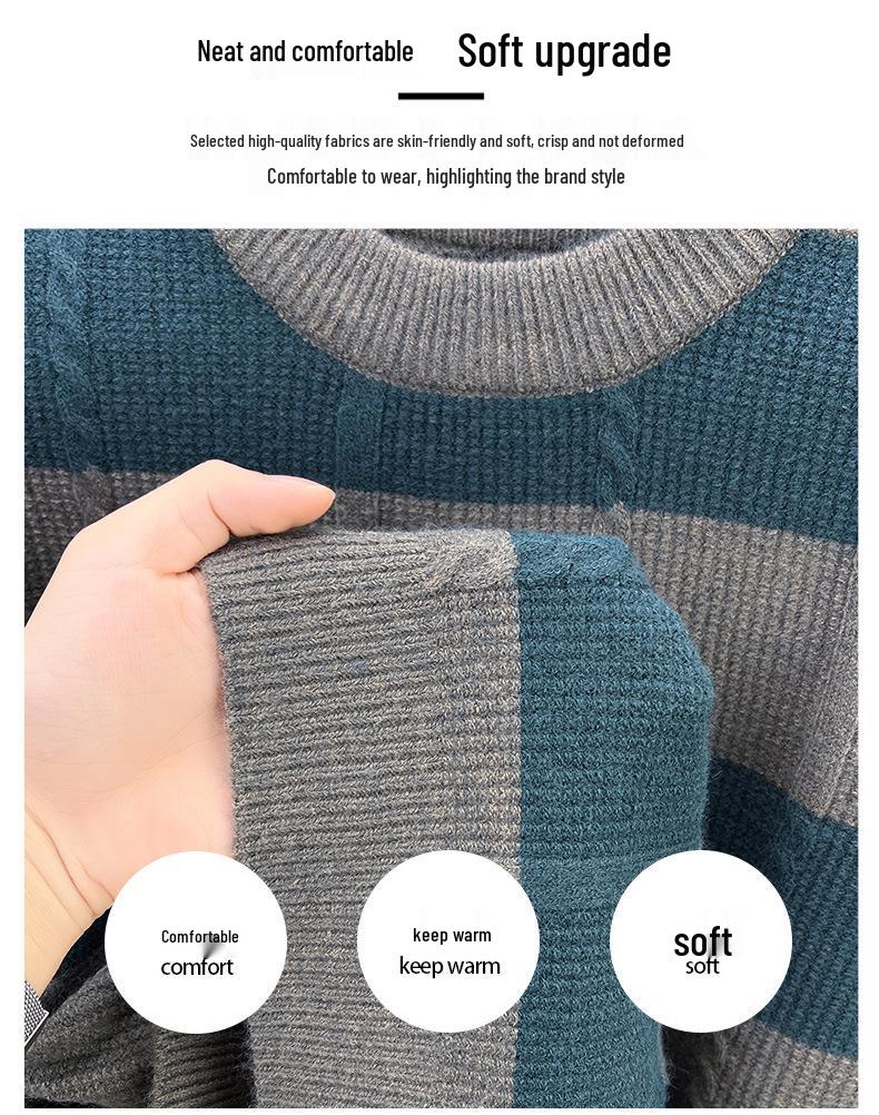 Men's Winter Striped Jacquard Crew Neck Long Sleeve Casual Knit Sweater