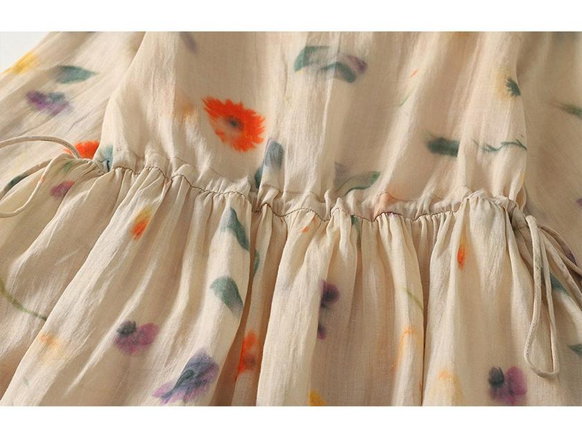 Rochie Midi Imprimată cu Decolteu în V din Bumbac și In - Stil Casual, Larg și Subțietor, Colecția Primăvară/Vară 2025