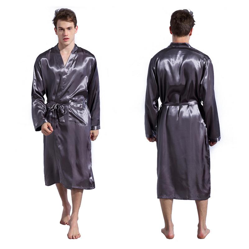 

Men Long Sleeve Silk Satin Bathrobe Robes Pajamas Solid Sleepwear Loungewear XXL сірий