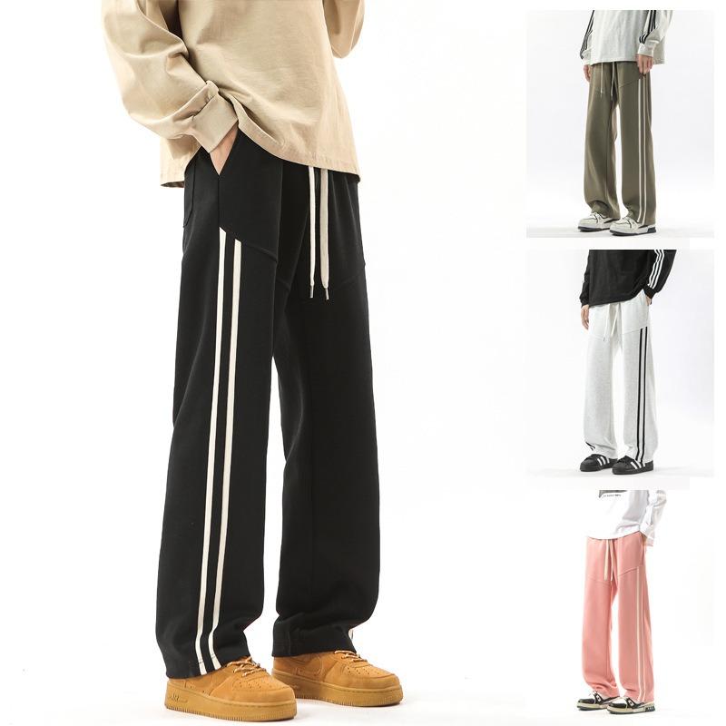 Spring and autumn new long pants men's loose and versatile drawstring straight two bars sports drape sweatpants men