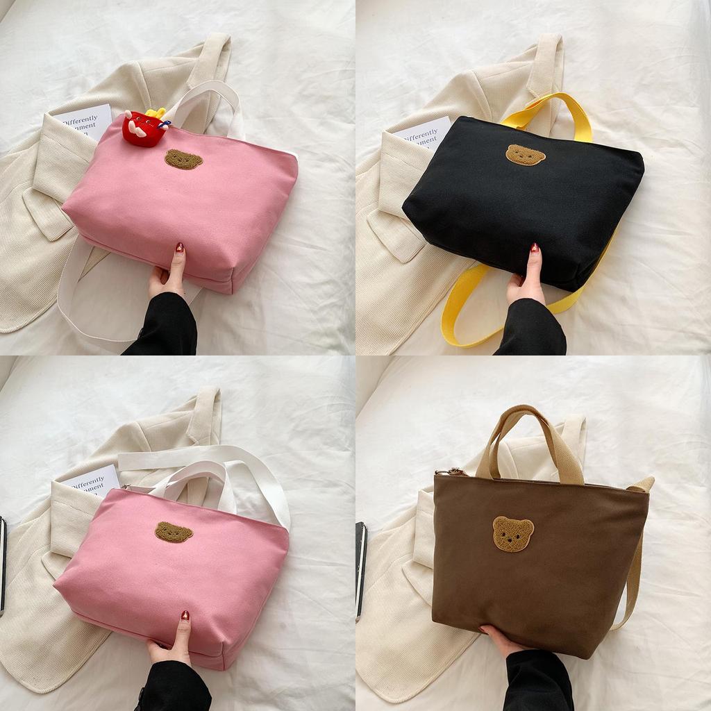 Small Canvas Bear Handbag For Women With Zipper Closure And Mobile Pocket