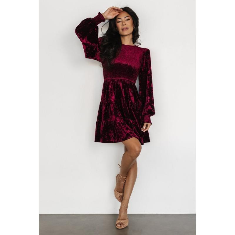 Damen Samtkleid Neu Langärmlig Rüschen Rundhals Kurzer Rock