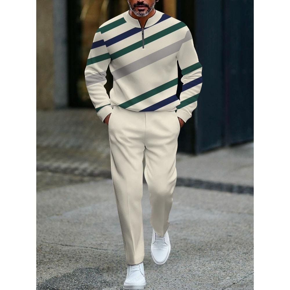 Spring Autumn 3D Printed Fashion Cool Men's Long-Sleeved Sets Half-Zipper Stand-Up Collar Men's Casual Sportswear Two-Piece Set