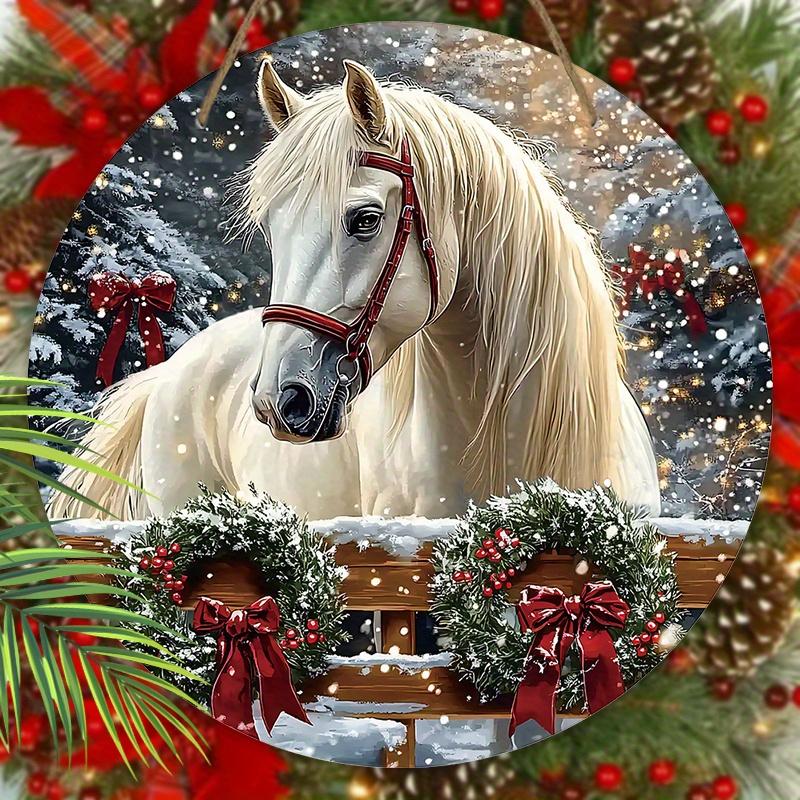 Warm Winter Wooden Christmas Sign with White Horse Pattern, Christmas Round Sign for Front Door Wall Hanging Decor, Ideal Christmas Gift
